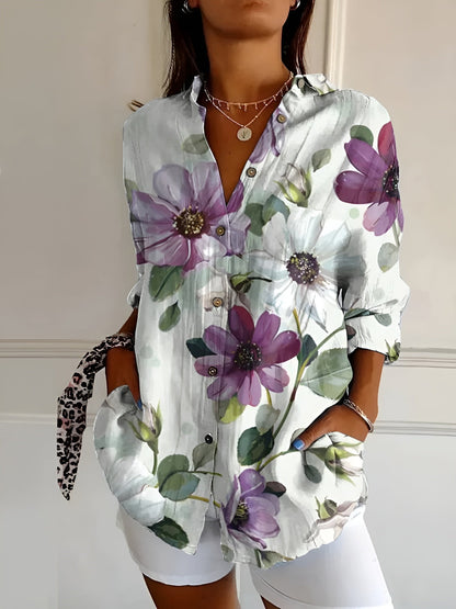 Clelia Button-Up Blouse with Split Neck and Oversized Fit