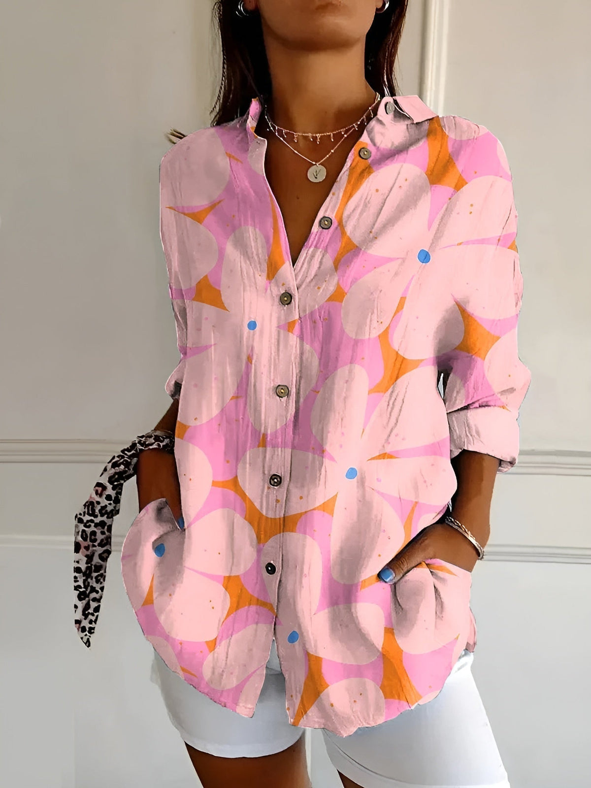 Clelia Button-Up Blouse with Split Neck and Oversized Fit