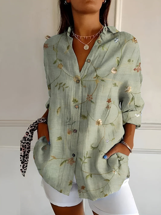 Clelia Button-Up Blouse with Split Neck and Oversized Fit