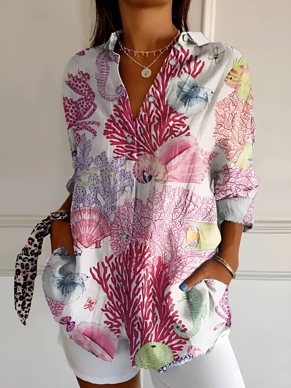 Clelia Button-Up Blouse with Split Neck and Oversized Fit