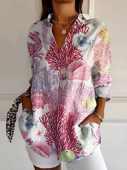 Clelia Button-Up Blouse with Split Neck and Oversized Fit