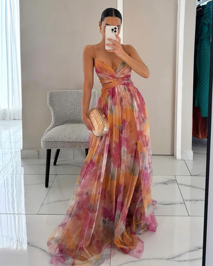 Farida Pleated Maxi Dress with V-Neck and Spaghetti Straps