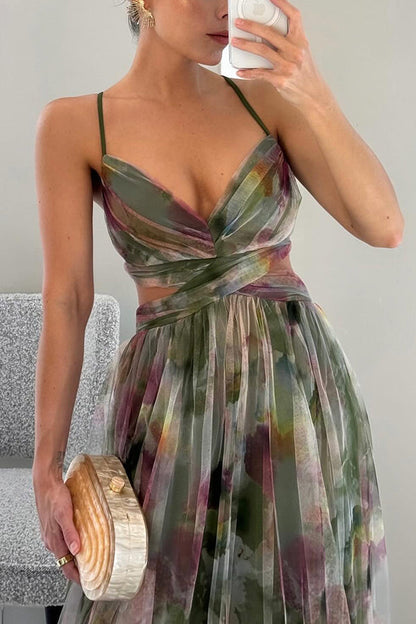 Farida Pleated Maxi Dress with V-Neck and Spaghetti Straps