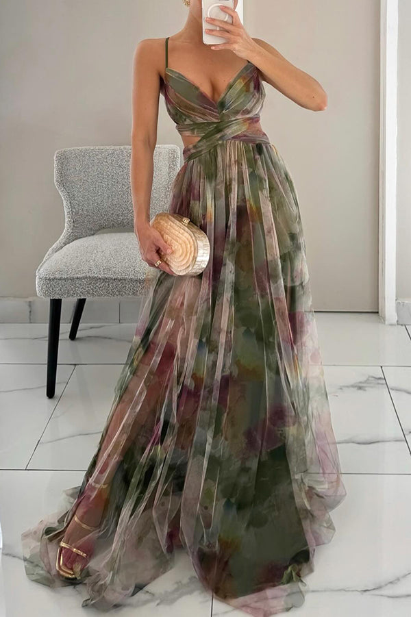 Farida Pleated Maxi Dress with V-Neck and Spaghetti Straps