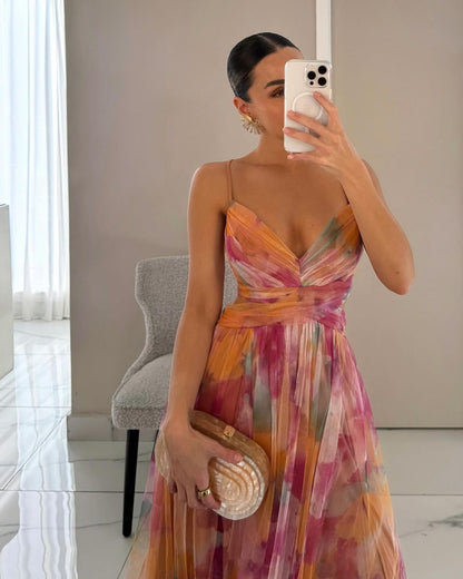 Farida Pleated Maxi Dress with V-Neck and Spaghetti Straps