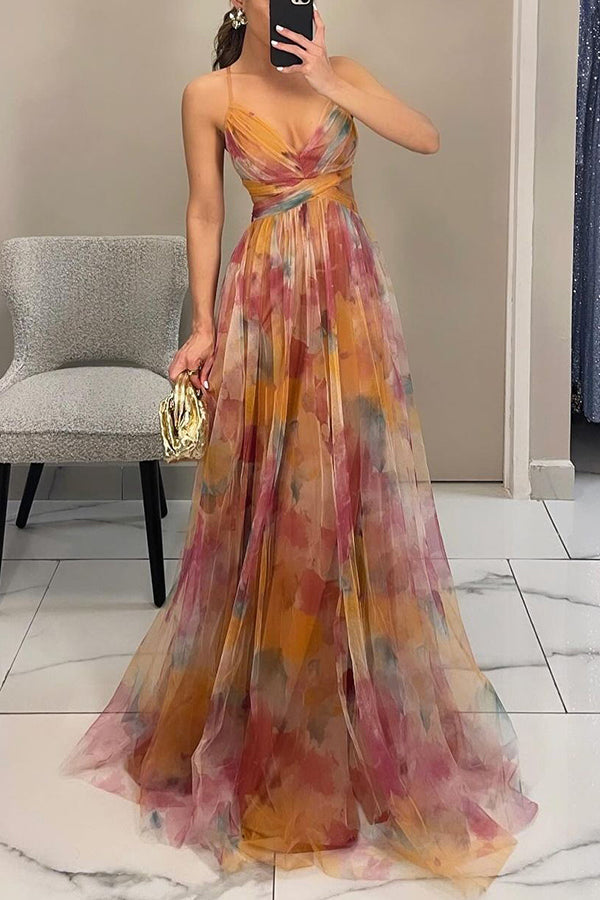 Farida Pleated Maxi Dress with V-Neck and Spaghetti Straps