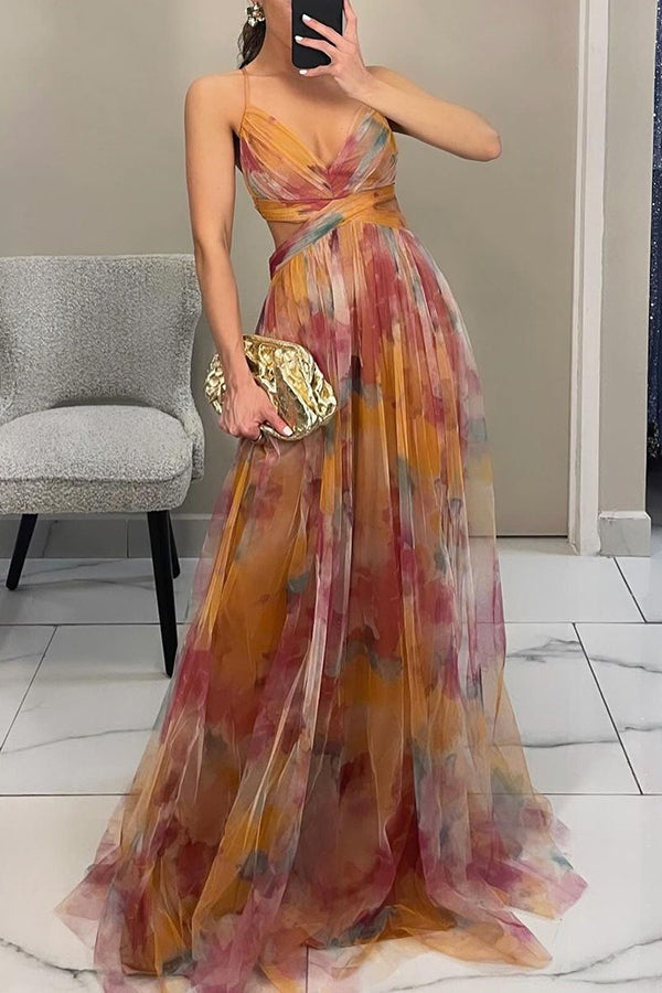 Farida Pleated Maxi Dress with V-Neck and Spaghetti Straps