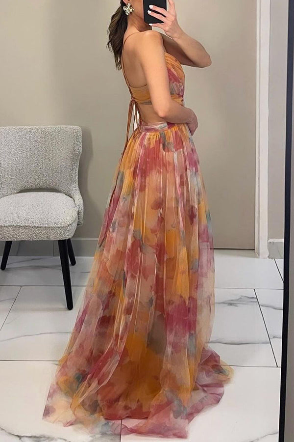 Farida Pleated Maxi Dress with V-Neck and Spaghetti Straps