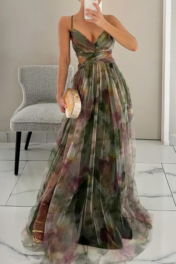 Farida Pleated Maxi Dress with V-Neck and Spaghetti Straps