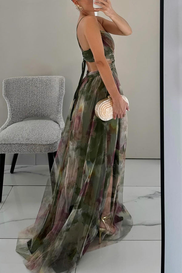 Farida Pleated Maxi Dress with V-Neck and Spaghetti Straps