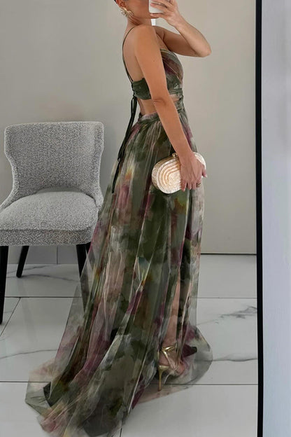 Farida Pleated Maxi Dress with V-Neck and Spaghetti Straps