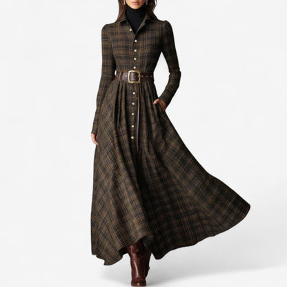 Lisandre Plaid A-Line Maxi Dress for Errands, Long Sleeve