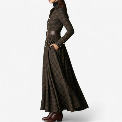 Lisandre Plaid A-Line Maxi Dress for Errands, Long Sleeve