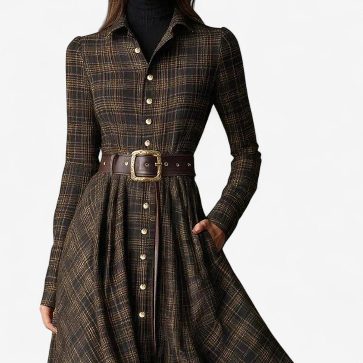 Lisandre Plaid A-Line Maxi Dress for Errands, Long Sleeve