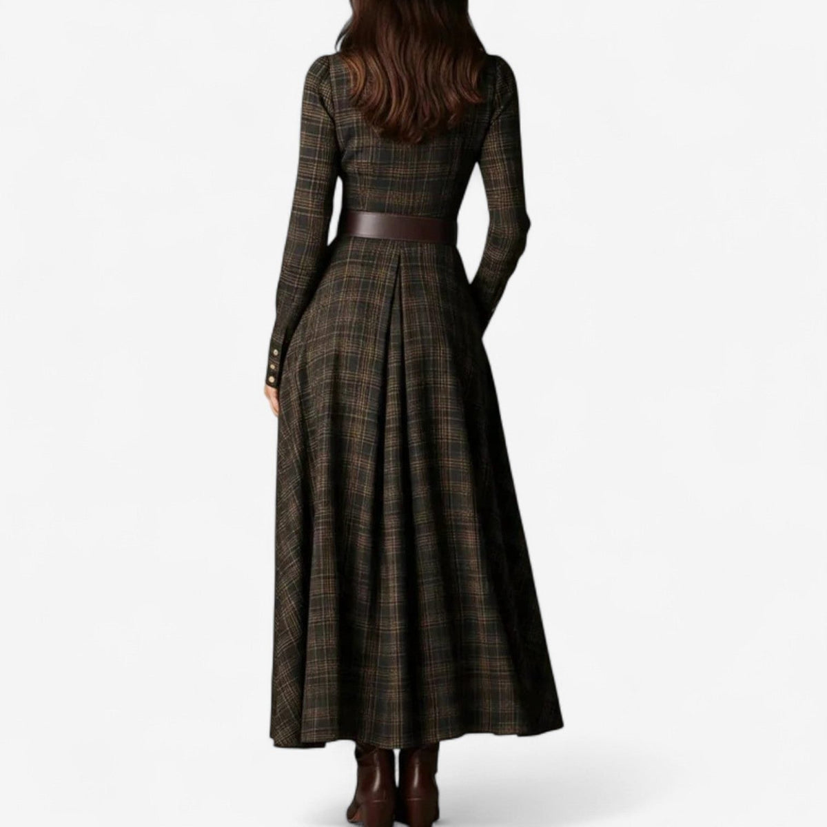 Lisandre Plaid A-Line Maxi Dress for Errands, Long Sleeve