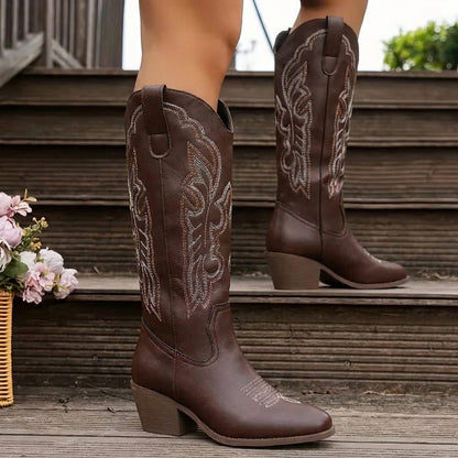Vauldry Embroidered Cowgirl Boots, Block Heel