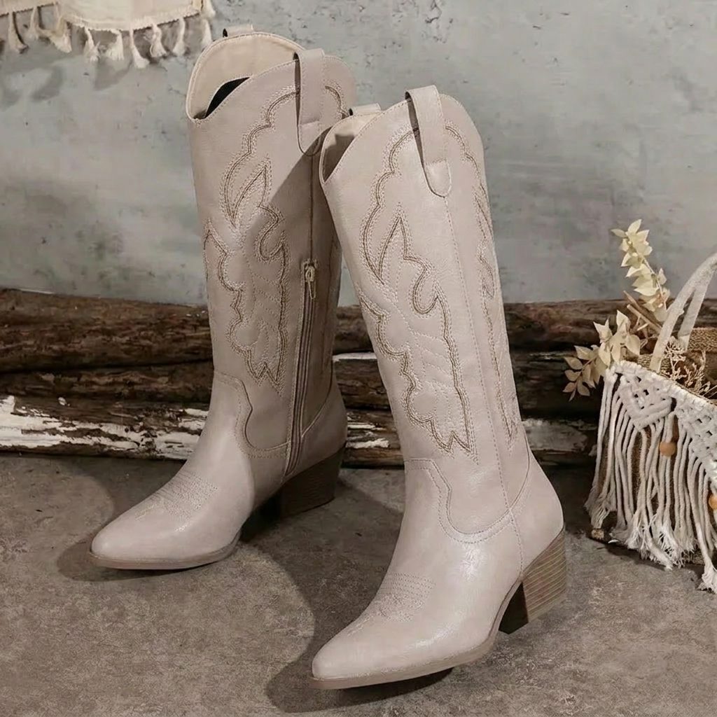 Vauldry Embroidered Cowgirl Boots, Block Heel