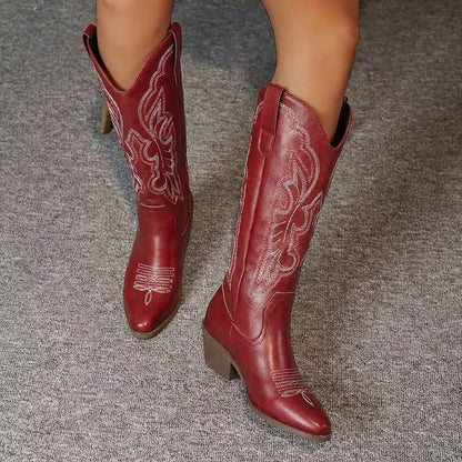 Vauldry Embroidered Cowgirl Boots, Block Heel