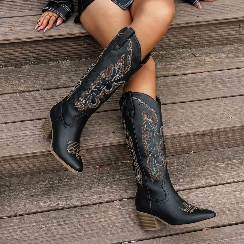 Vauldry Embroidered Cowgirl Boots, Block Heel