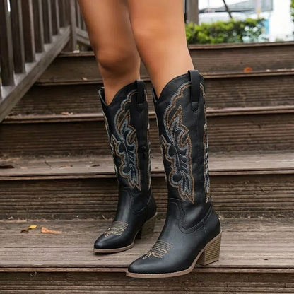 Vauldry Embroidered Cowgirl Boots, Block Heel