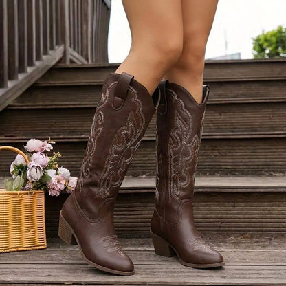 Vauldry Embroidered Cowgirl Boots, Block Heel