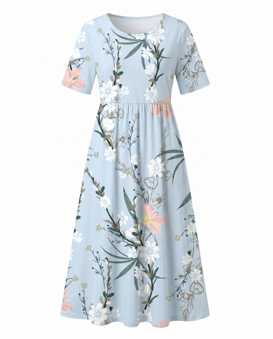 Shirin Floral A-Line Midi Dress with Short Sleeves